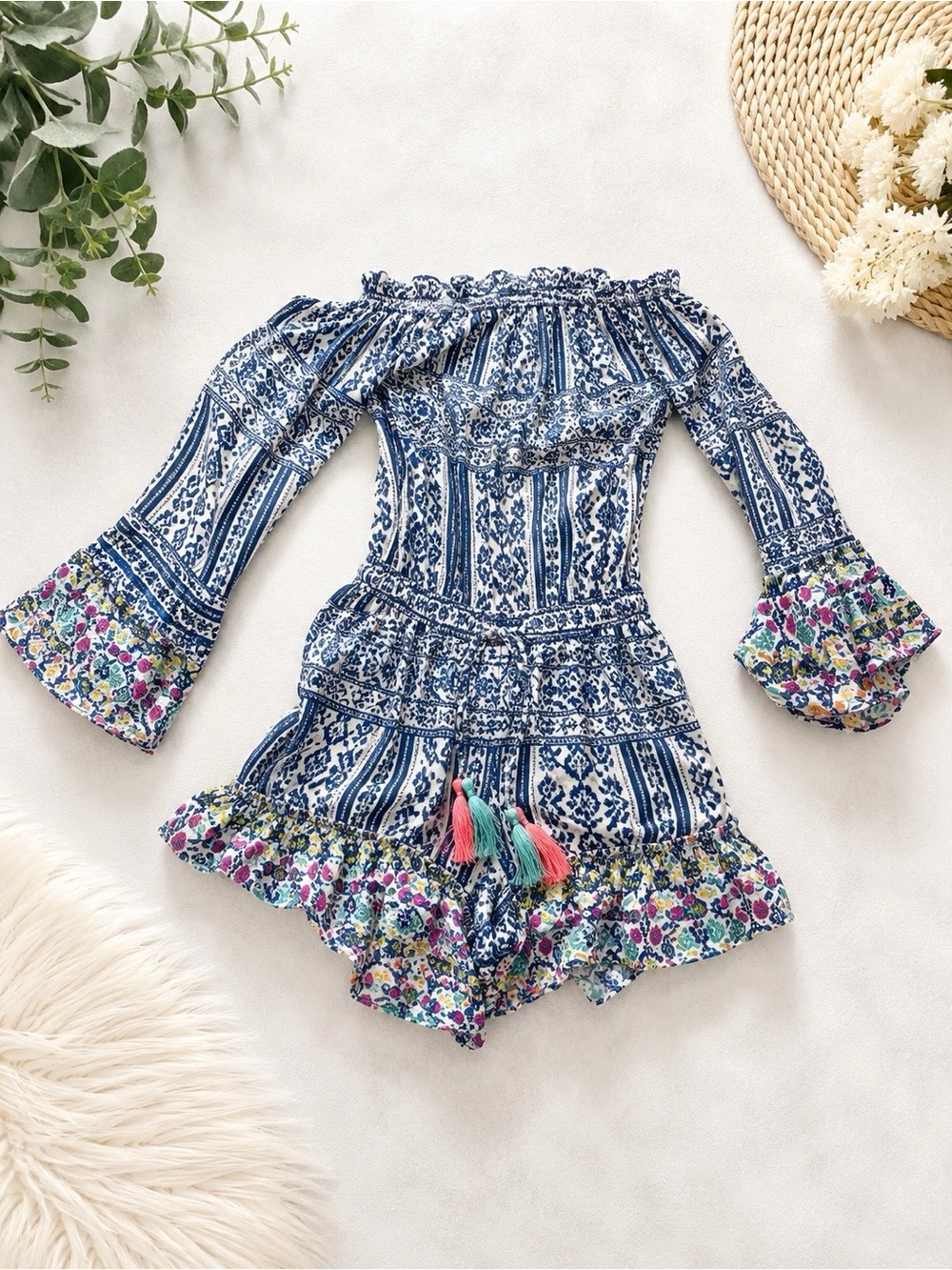Blue Floral Off-Shoulder Girls Romper with Tassel Detail